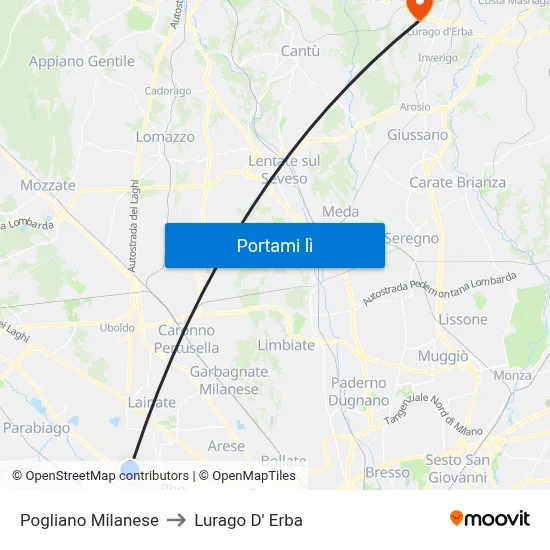 Pogliano Milanese to Lurago D' Erba map