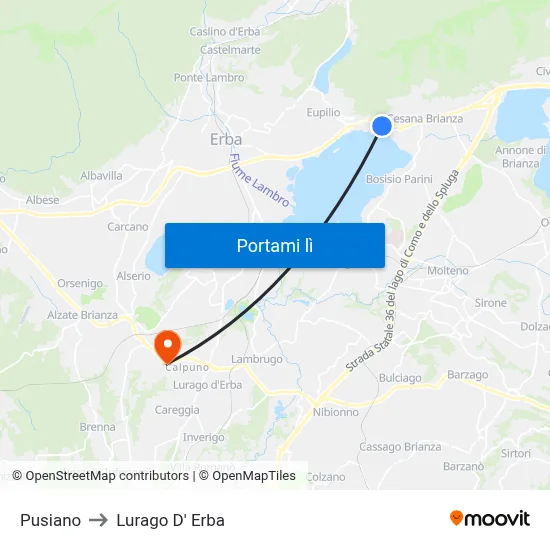 Pusiano to Lurago D' Erba map