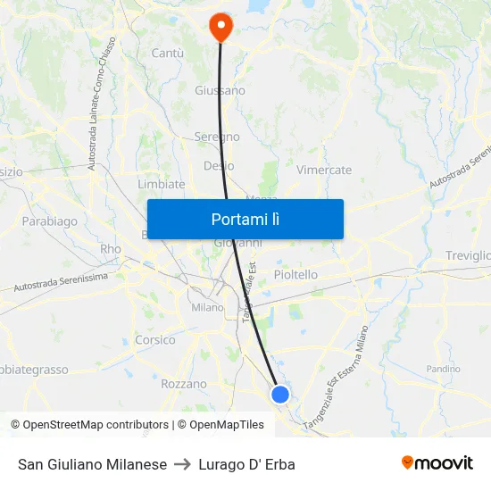 San Giuliano Milanese to Lurago D' Erba map