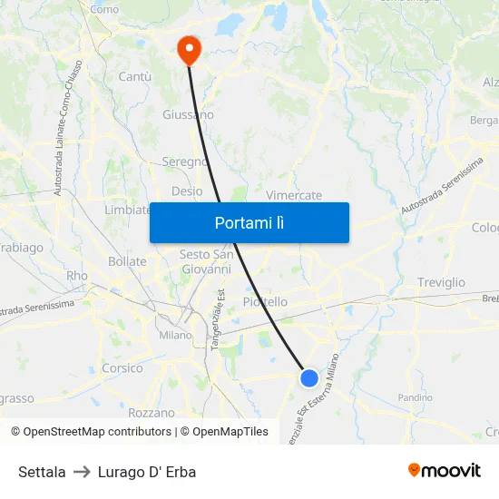 Settala to Lurago D' Erba map