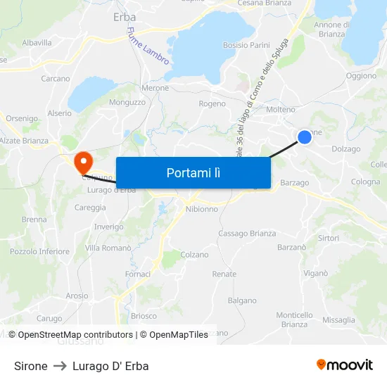 Sirone to Lurago D' Erba map