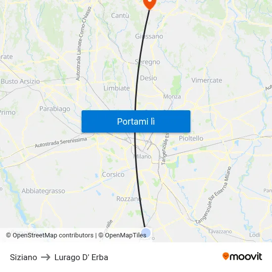 Siziano to Lurago D' Erba map