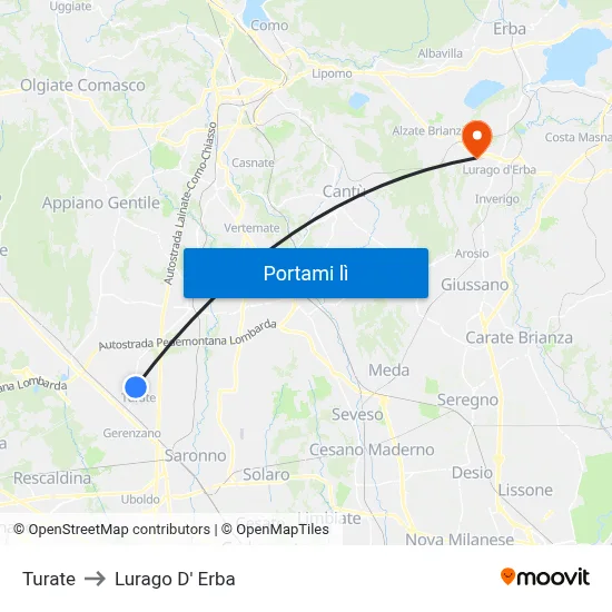 Turate to Lurago D' Erba map