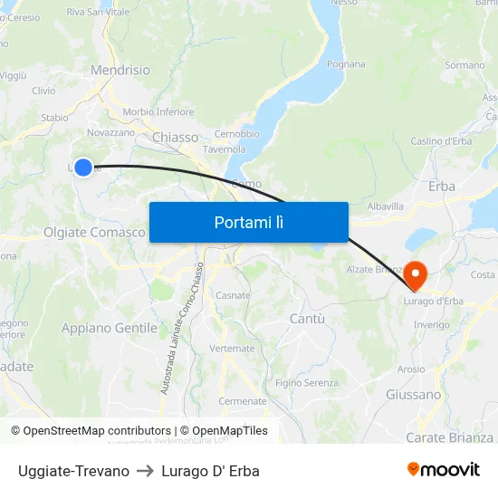 Uggiate-Trevano to Lurago D' Erba map