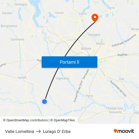 Valle Lomellina to Lurago D' Erba map