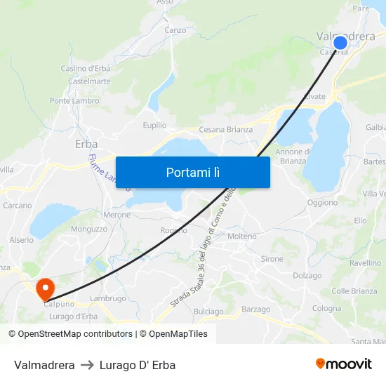 Valmadrera to Lurago D' Erba map