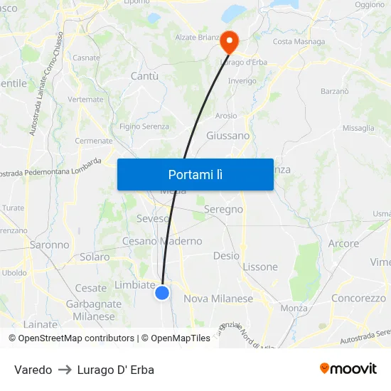 Varedo to Lurago D' Erba map