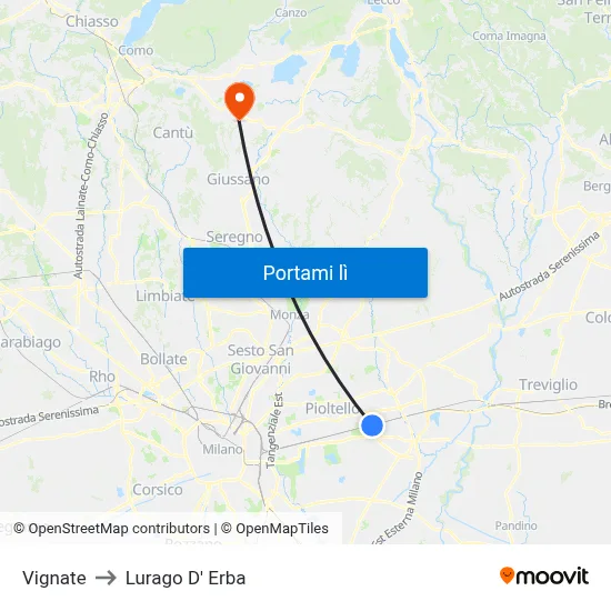 Vignate to Lurago D' Erba map