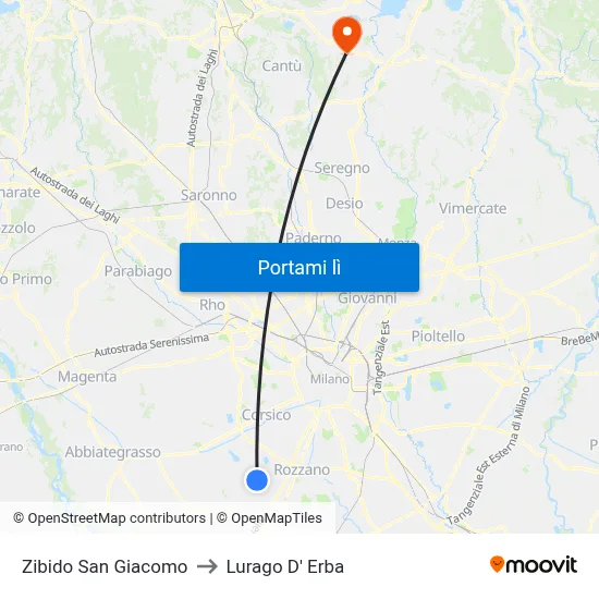Zibido San Giacomo to Lurago D' Erba map