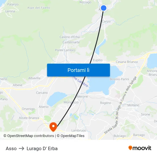 Asso to Lurago D' Erba map