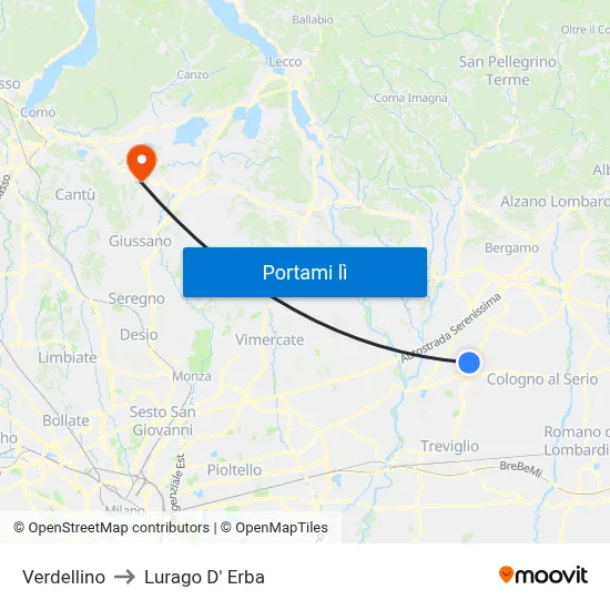Verdellino to Lurago D' Erba map