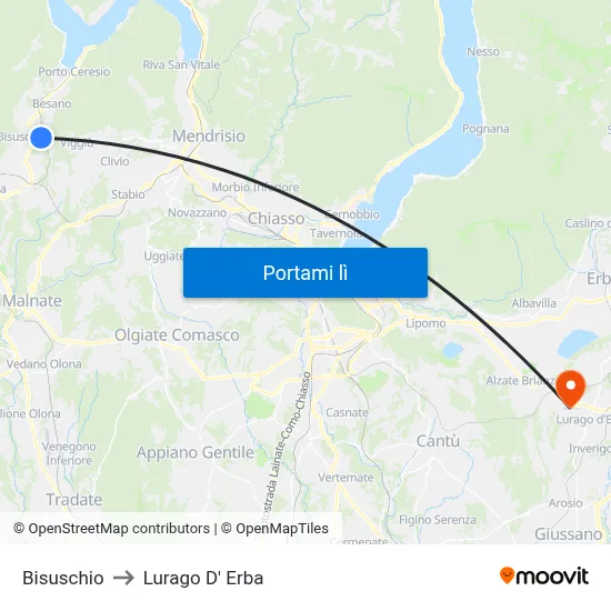 Bisuschio to Lurago D' Erba map