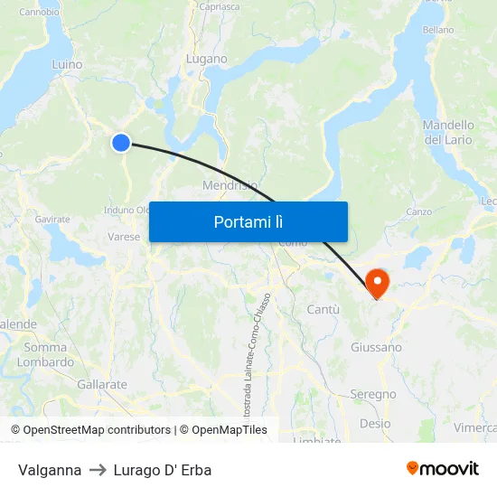 Valganna to Lurago D' Erba map