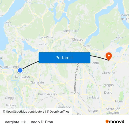 Vergiate to Lurago D' Erba map