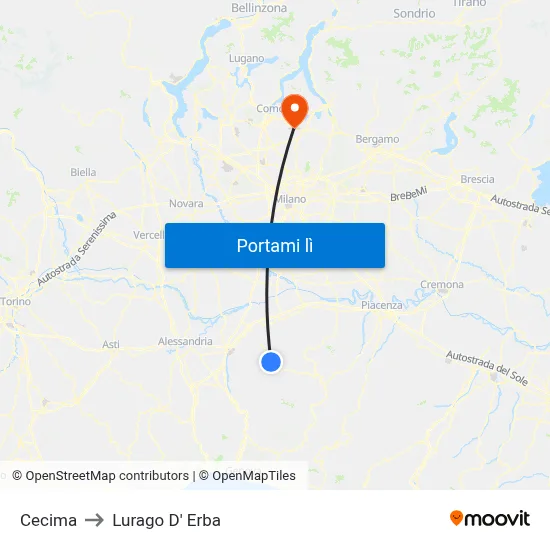 Cecima to Lurago D' Erba map