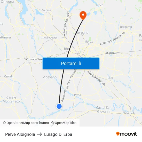 Pieve Albignola to Lurago D' Erba map
