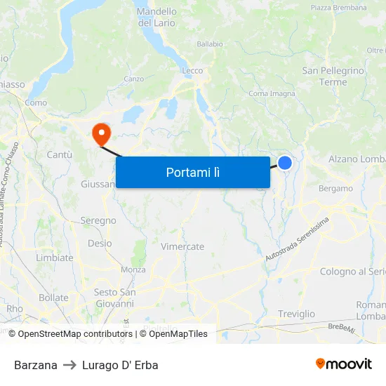 Barzana to Lurago D' Erba map