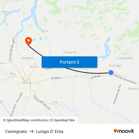 Castegnato to Lurago D' Erba map