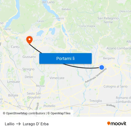 Lallio to Lurago D' Erba map