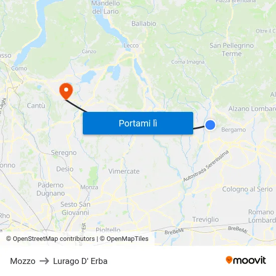 Mozzo to Lurago D' Erba map