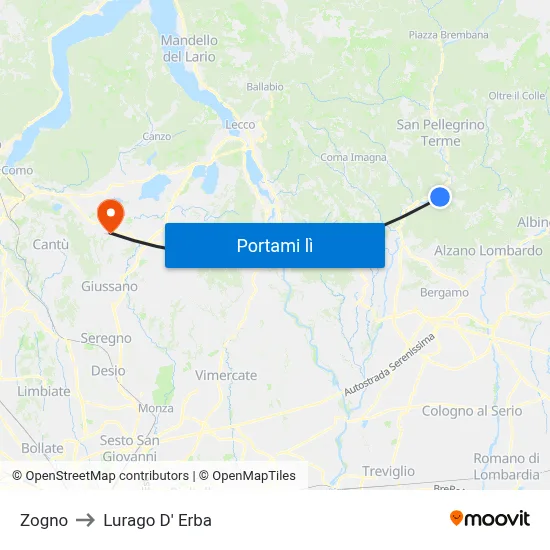 Zogno to Lurago D' Erba map