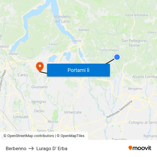 Berbenno to Lurago D' Erba map