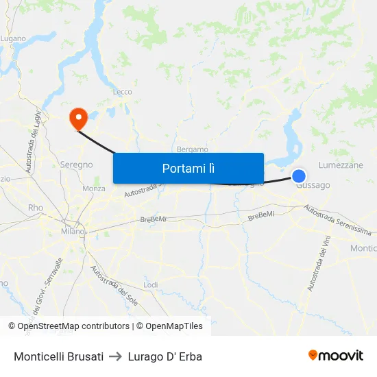 Monticelli Brusati to Lurago D' Erba map