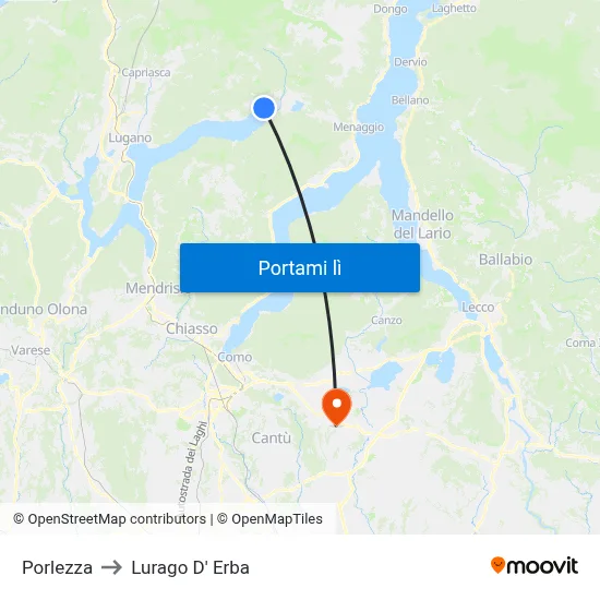 Porlezza to Lurago D' Erba map