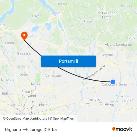 Urgnano to Lurago D' Erba map