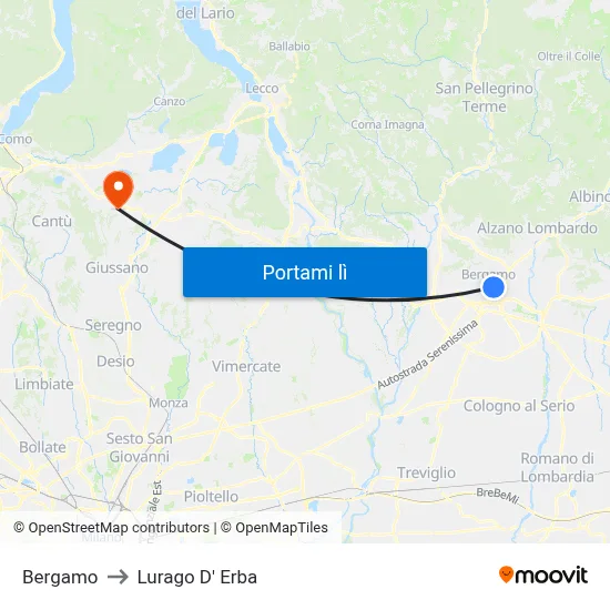Bergamo to Lurago D' Erba map