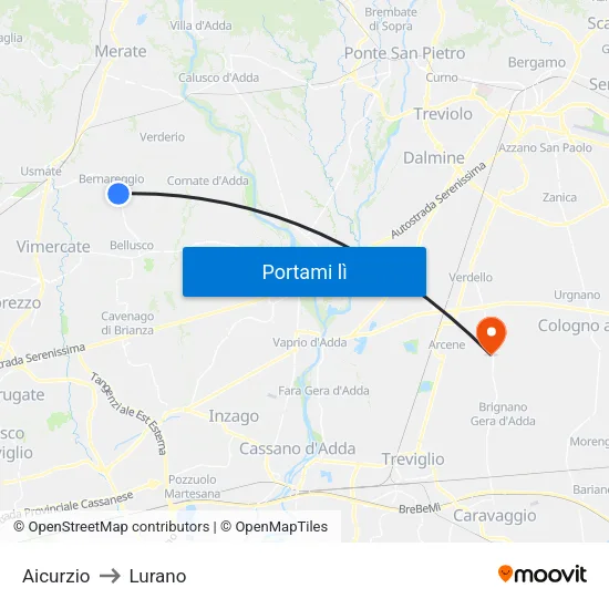 Aicurzio to Lurano map