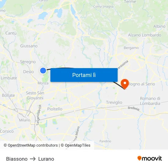 Biassono to Lurano map