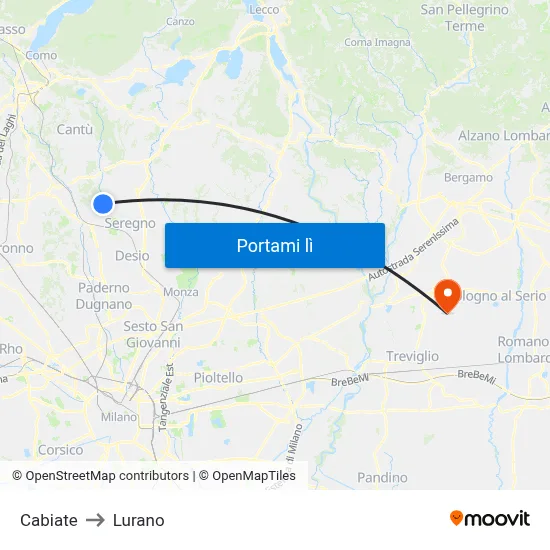 Cabiate to Lurano map