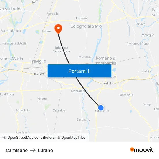 Camisano to Lurano map
