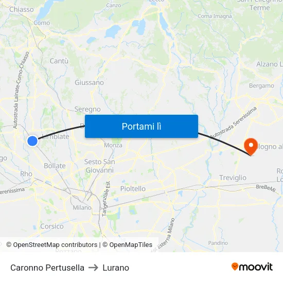 Caronno Pertusella to Lurano map