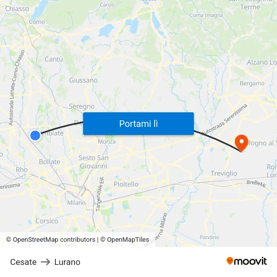 Cesate to Lurano map