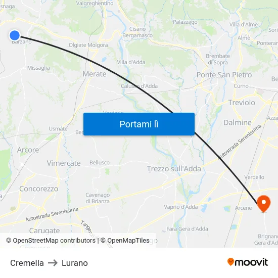 Cremella to Lurano map