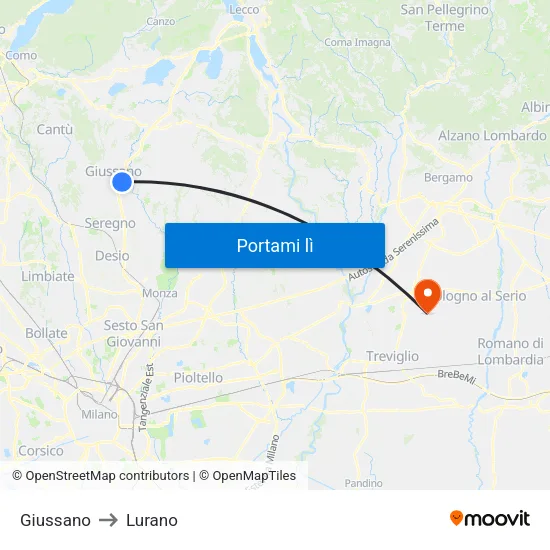 Giussano to Lurano map
