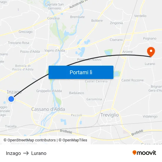 Inzago to Lurano map