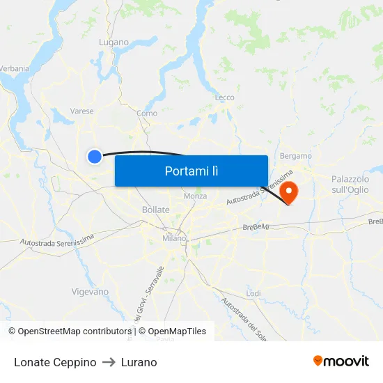 Lonate Ceppino to Lurano map