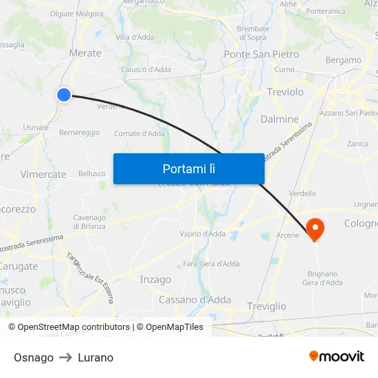 Osnago to Lurano map