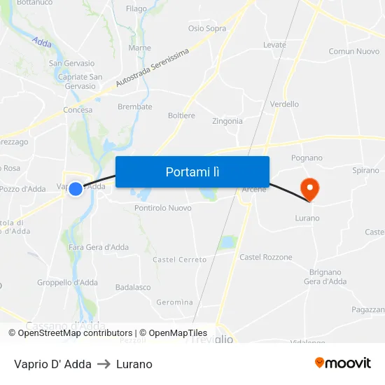 Vaprio D' Adda to Lurano map