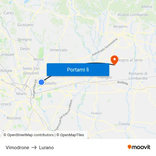 Vimodrone to Lurano map