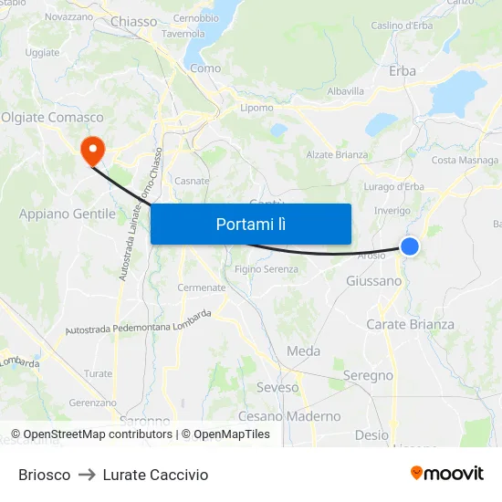 Briosco to Lurate Caccivio map