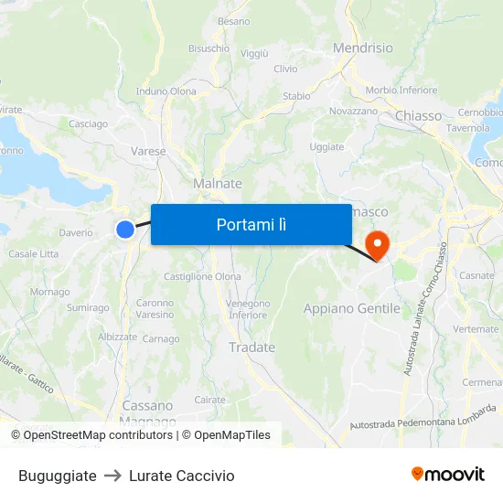 Buguggiate to Lurate Caccivio map