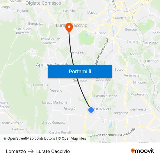 Lomazzo to Lurate Caccivio map
