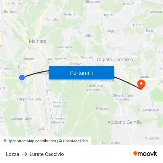 Lozza to Lurate Caccivio map