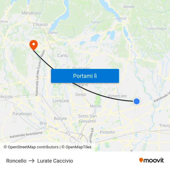 Roncello to Lurate Caccivio map