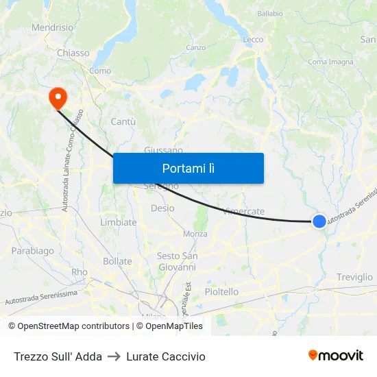 Trezzo Sull' Adda to Lurate Caccivio map