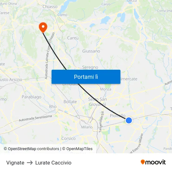 Vignate to Lurate Caccivio map
